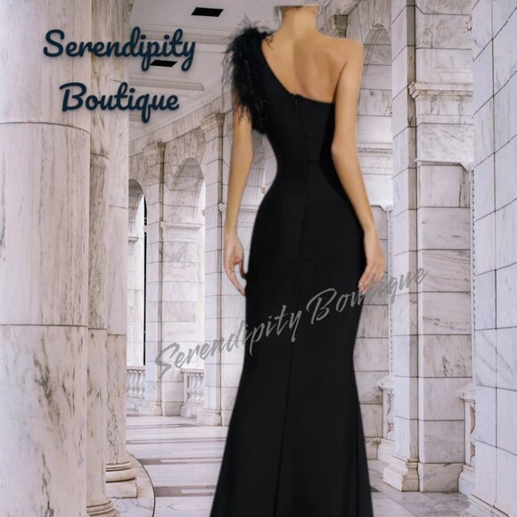 Elegant Black Feather Trim Tapered Fit One Shoulder Floor Length Maxi Dress - Picture 5 of 8